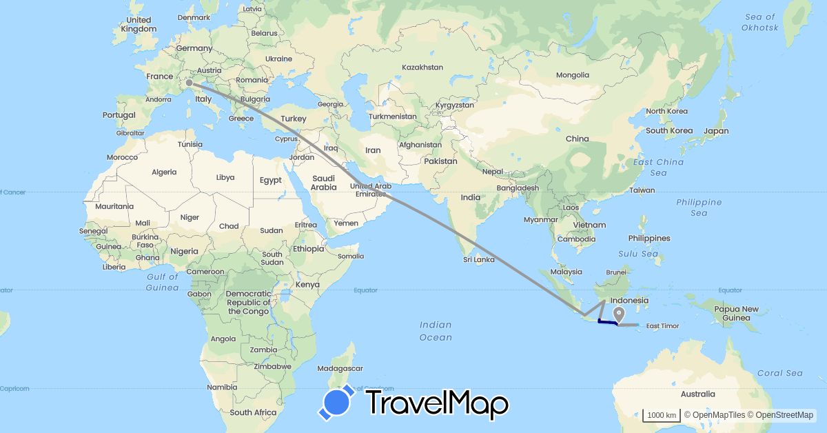 TravelMap itinerary: driving, plane, boat in Indonesia, Italy, Qatar (Asia, Europe)
